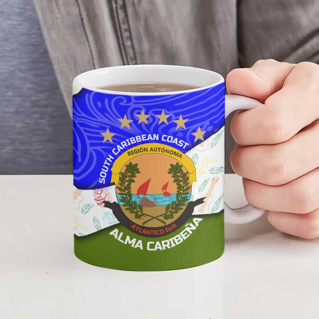Nicaragua South Caribbean Coast Ceramic Mug with Regional Seal and Ocean Shell Pattern Alma Caribeña Design - Wonder Print Shop