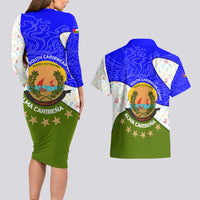 Nicaragua South Caribbean Coast Couples Matching Long Sleeve Bodycon Dress and Hawaiian Shirt with Regional Seal and Ocean Shell Pattern Alma Caribeña Design - Wonder Print Shop