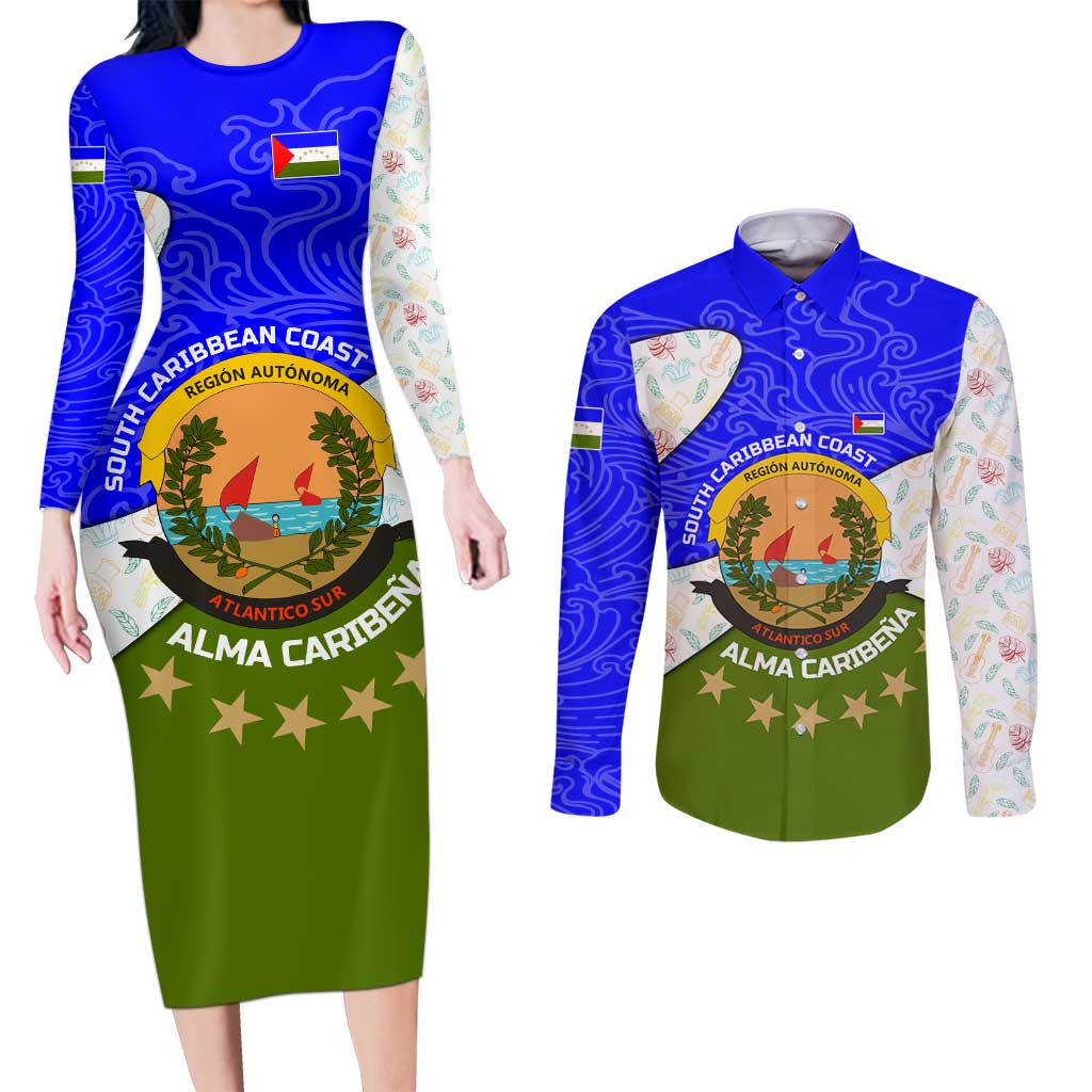 Nicaragua South Caribbean Coast Couples Matching Long Sleeve Bodycon Dress and Long Sleeve Button Shirt with Regional Seal and Ocean Shell Pattern Alma Caribeña Design - Wonder Print Shop
