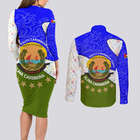 Nicaragua South Caribbean Coast Couples Matching Long Sleeve Bodycon Dress and Long Sleeve Button Shirt with Regional Seal and Ocean Shell Pattern Alma Caribeña Design - Wonder Print Shop
