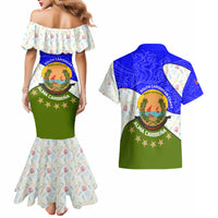 Nicaragua South Caribbean Coast Couples Matching Mermaid Dress and Hawaiian Shirt with Regional Seal and Ocean Shell Pattern Alma Caribeña Design - Wonder Print Shop