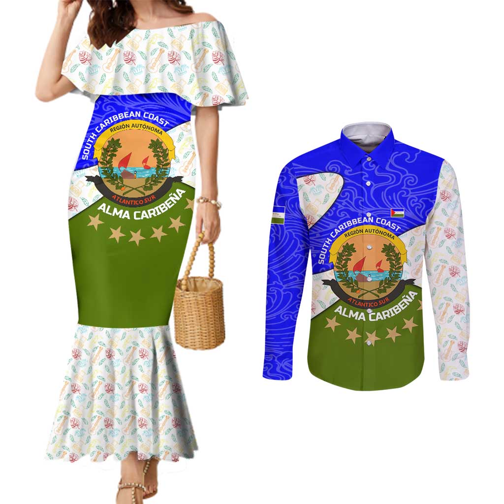 Nicaragua South Caribbean Coast Couples Matching Mermaid Dress and Long Sleeve Button Shirt with Regional Seal and Ocean Shell Pattern Alma Caribeña Design - Wonder Print Shop