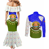 Nicaragua South Caribbean Coast Couples Matching Mermaid Dress and Long Sleeve Button Shirt with Regional Seal and Ocean Shell Pattern Alma Caribeña Design - Wonder Print Shop