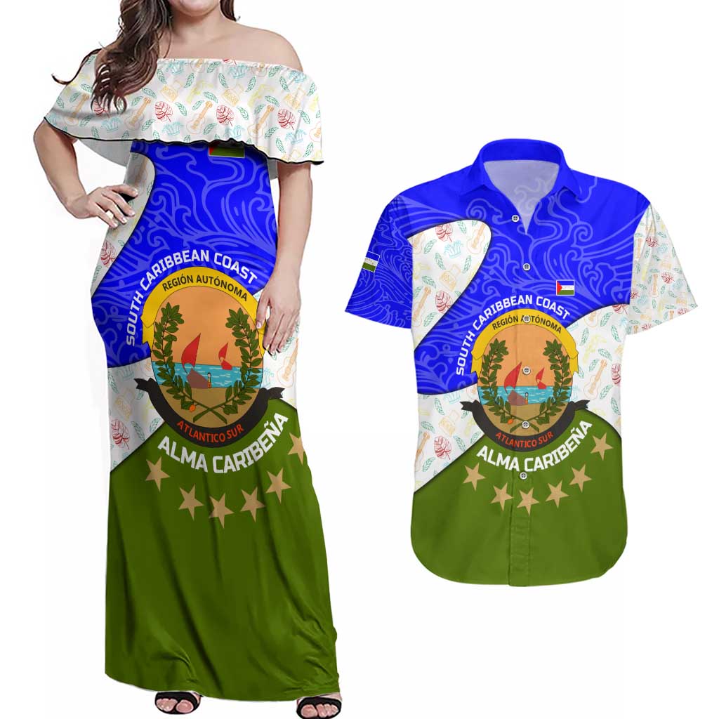 Nicaragua South Caribbean Coast Couples Matching Off Shoulder Maxi Dress and Hawaiian Shirt with Regional Seal and Ocean Shell Pattern Alma Caribeña Design - Wonder Print Shop