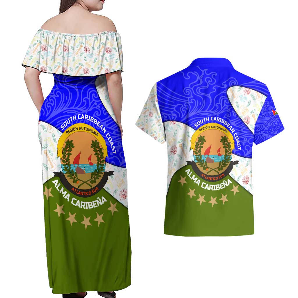 Nicaragua South Caribbean Coast Couples Matching Off Shoulder Maxi Dress and Hawaiian Shirt with Regional Seal and Ocean Shell Pattern Alma Caribeña Design - Wonder Print Shop