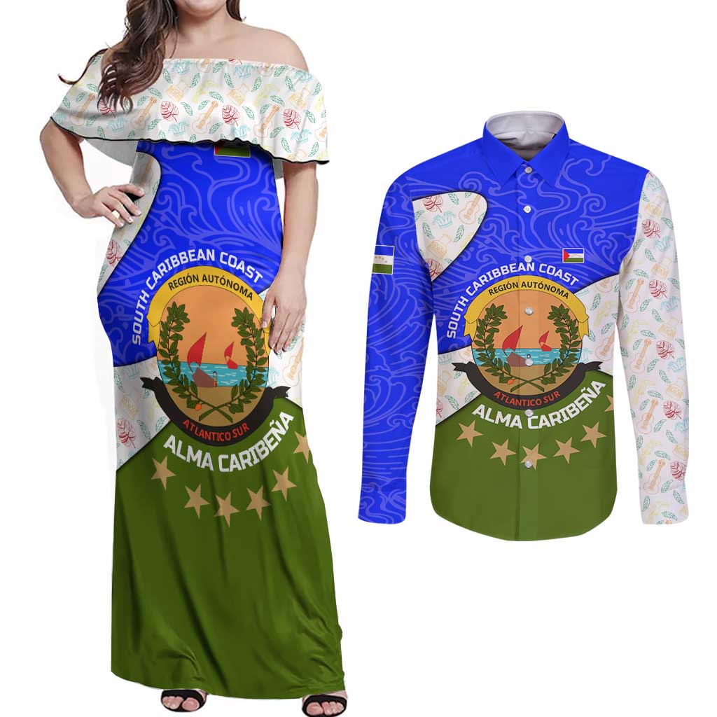 Nicaragua South Caribbean Coast Couples Matching Off Shoulder Maxi Dress and Long Sleeve Button Shirt with Regional Seal and Ocean Shell Pattern Alma Caribeña Design - Wonder Print Shop