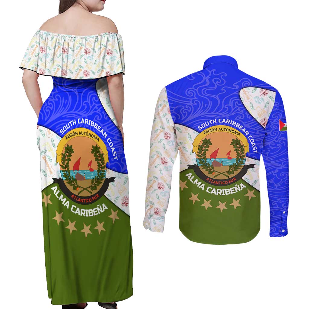 Nicaragua South Caribbean Coast Couples Matching Off Shoulder Maxi Dress and Long Sleeve Button Shirt with Regional Seal and Ocean Shell Pattern Alma Caribeña Design - Wonder Print Shop