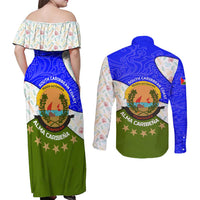 Nicaragua South Caribbean Coast Couples Matching Off Shoulder Maxi Dress and Long Sleeve Button Shirt with Regional Seal and Ocean Shell Pattern Alma Caribeña Design - Wonder Print Shop