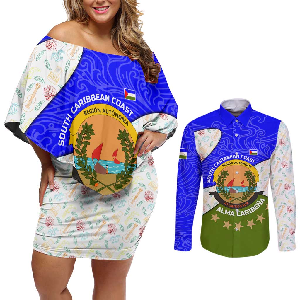Nicaragua South Caribbean Coast Couples Matching Off Shoulder Short Dress and Long Sleeve Button Shirt with Regional Seal and Ocean Shell Pattern Alma Caribeña Design - Wonder Print Shop