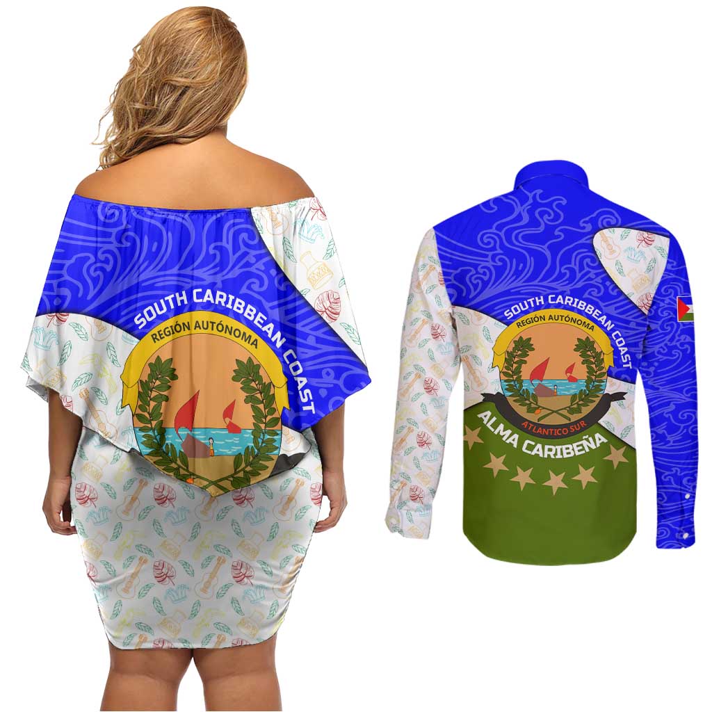 Nicaragua South Caribbean Coast Couples Matching Off Shoulder Short Dress and Long Sleeve Button Shirt with Regional Seal and Ocean Shell Pattern Alma Caribeña Design - Wonder Print Shop