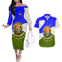 Nicaragua South Caribbean Coast Couples Matching Off The Shoulder Long Sleeve Dress and Hawaiian Shirt with Regional Seal and Ocean Shell Pattern Alma Caribeña Design - Wonder Print Shop