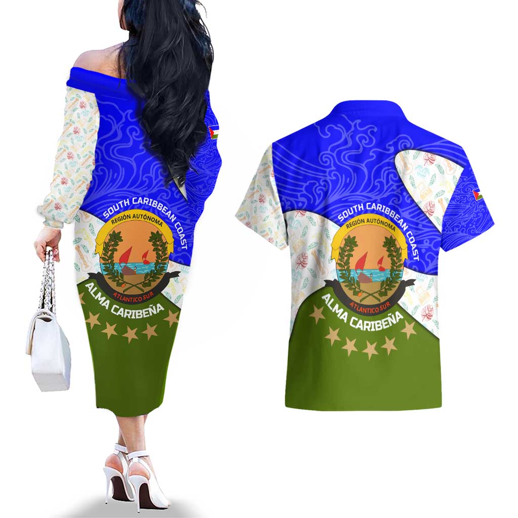 Nicaragua South Caribbean Coast Couples Matching Off The Shoulder Long Sleeve Dress and Hawaiian Shirt with Regional Seal and Ocean Shell Pattern Alma Caribeña Design - Wonder Print Shop