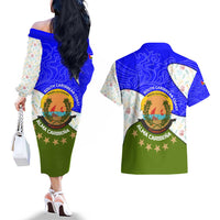 Nicaragua South Caribbean Coast Couples Matching Off The Shoulder Long Sleeve Dress and Hawaiian Shirt with Regional Seal and Ocean Shell Pattern Alma Caribeña Design - Wonder Print Shop