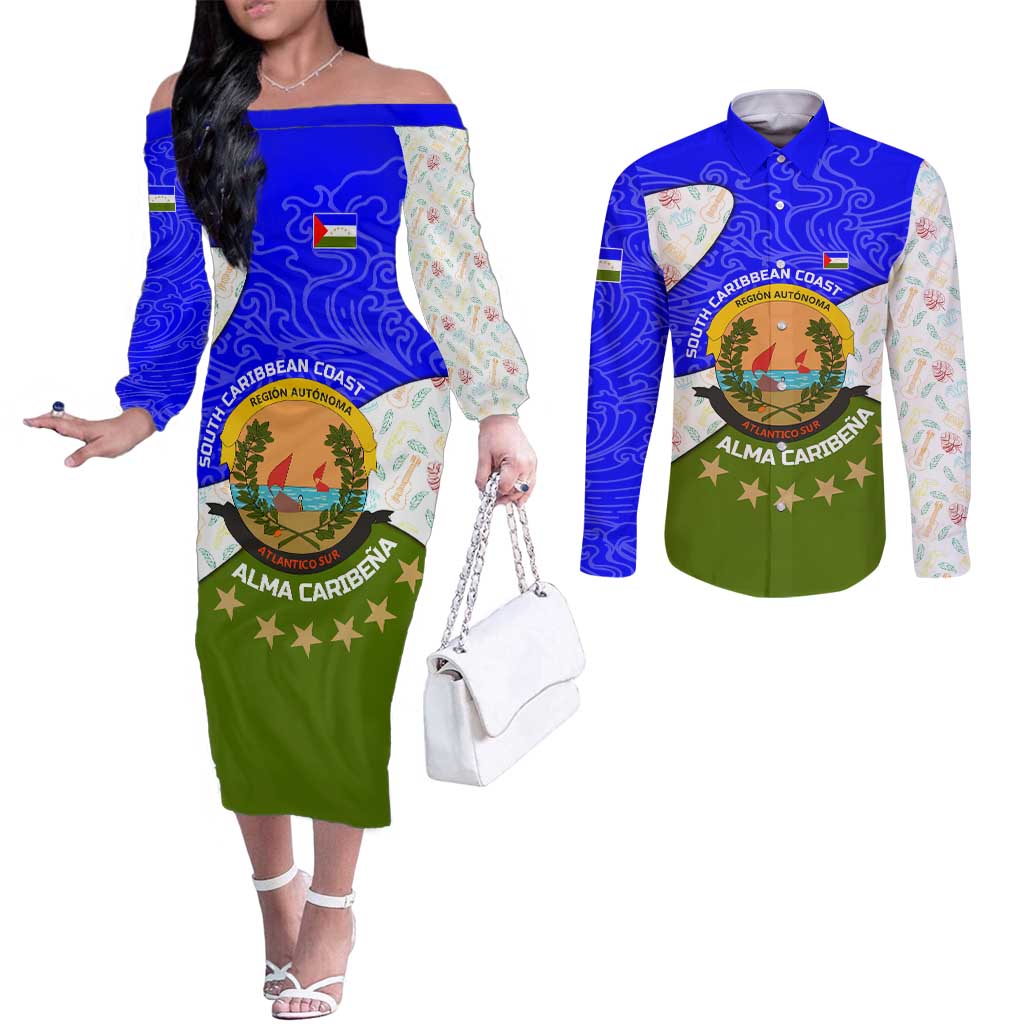 Nicaragua South Caribbean Coast Couples Matching Off The Shoulder Long Sleeve Dress and Long Sleeve Button Shirt with Regional Seal and Ocean Shell Pattern Alma Caribeña Design - Wonder Print Shop