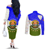Nicaragua South Caribbean Coast Couples Matching Off The Shoulder Long Sleeve Dress and Long Sleeve Button Shirt with Regional Seal and Ocean Shell Pattern Alma Caribeña Design - Wonder Print Shop