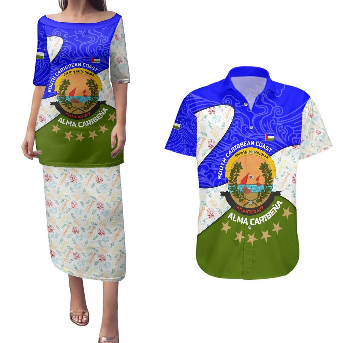 Nicaragua South Caribbean Coast Couples Matching Puletasi and Hawaiian Shirt with Regional Seal and Ocean Shell Pattern Alma Caribeña Design - Wonder Print Shop