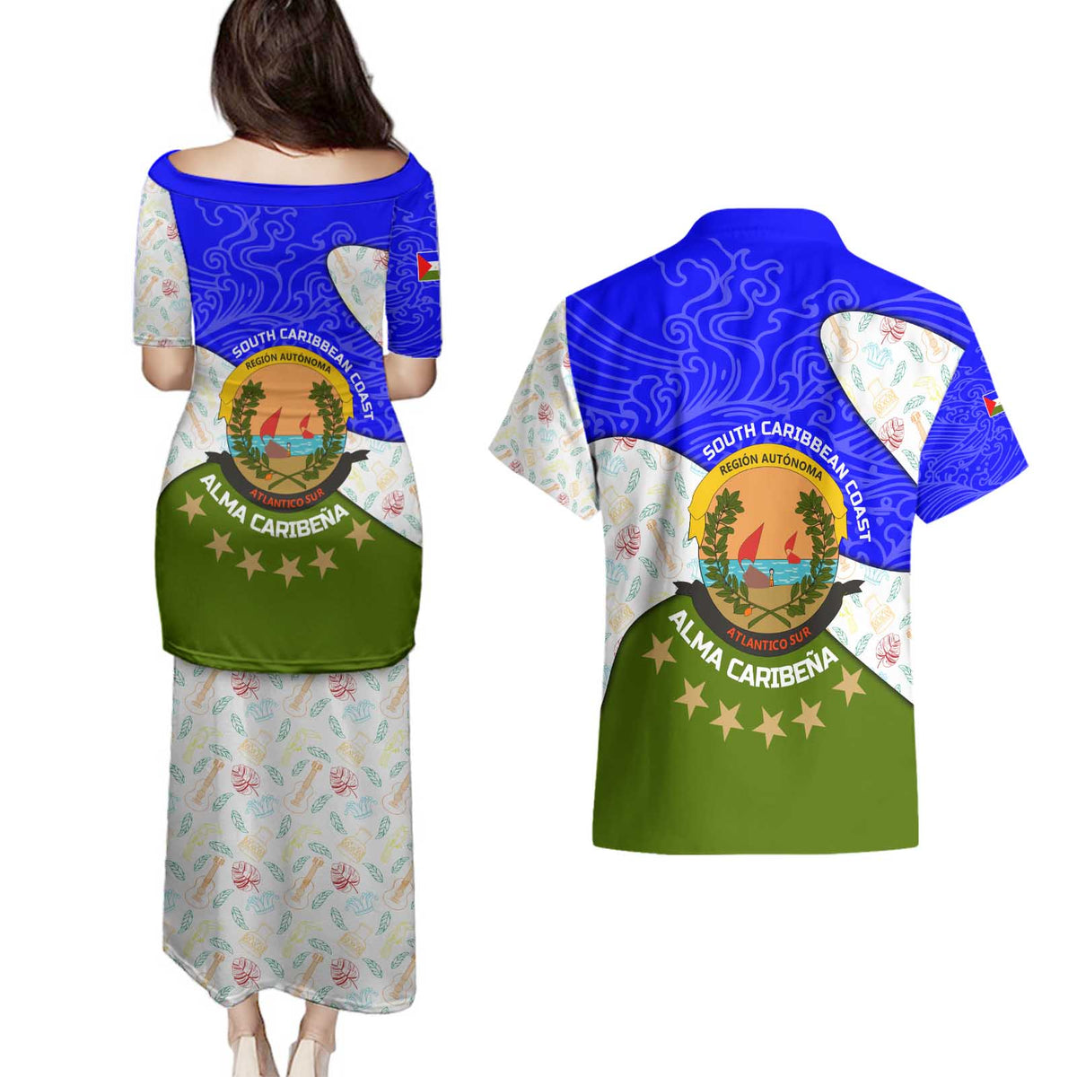 Nicaragua South Caribbean Coast Couples Matching Puletasi and Hawaiian Shirt with Regional Seal and Ocean Shell Pattern Alma Caribeña Design - Wonder Print Shop