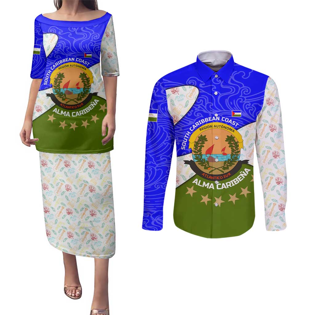 Nicaragua South Caribbean Coast Couples Matching Puletasi and Long Sleeve Button Shirt with Regional Seal and Ocean Shell Pattern Alma Caribeña Design - Wonder Print Shop