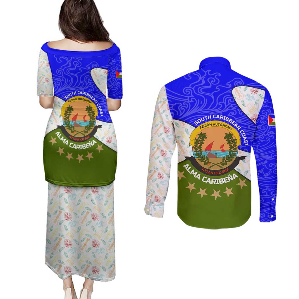 Nicaragua South Caribbean Coast Couples Matching Puletasi and Long Sleeve Button Shirt with Regional Seal and Ocean Shell Pattern Alma Caribeña Design - Wonder Print Shop