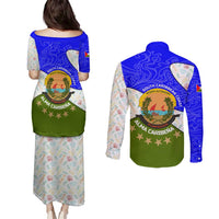 Nicaragua South Caribbean Coast Couples Matching Puletasi and Long Sleeve Button Shirt with Regional Seal and Ocean Shell Pattern Alma Caribeña Design - Wonder Print Shop