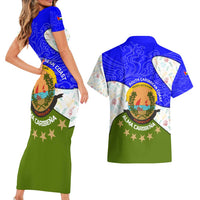 Nicaragua South Caribbean Coast Couples Matching Short Sleeve Bodycon Dress and Hawaiian Shirt with Regional Seal and Ocean Shell Pattern Alma Caribeña Design - Wonder Print Shop