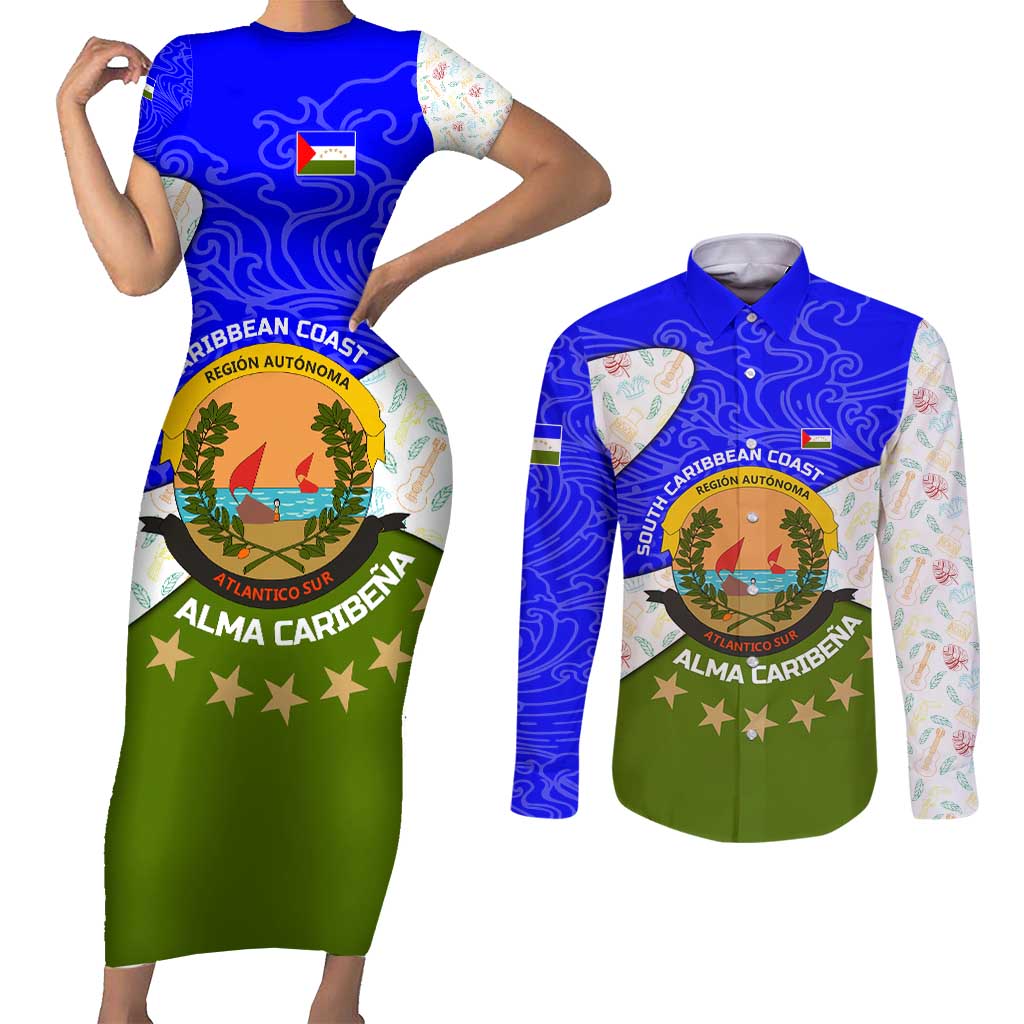 Nicaragua South Caribbean Coast Couples Matching Short Sleeve Bodycon Dress and Long Sleeve Button Shirt with Regional Seal and Ocean Shell Pattern Alma Caribeña Design - Wonder Print Shop