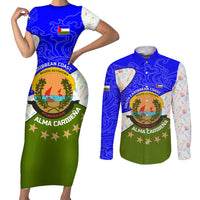 Nicaragua South Caribbean Coast Couples Matching Short Sleeve Bodycon Dress and Long Sleeve Button Shirt with Regional Seal and Ocean Shell Pattern Alma Caribeña Design - Wonder Print Shop