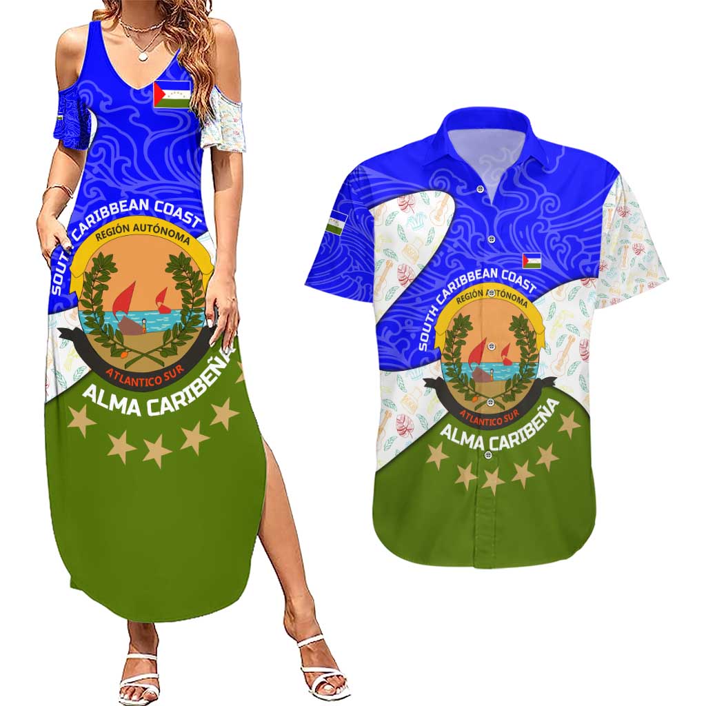 Nicaragua South Caribbean Coast Couples Matching Summer Maxi Dress and Hawaiian Shirt with Regional Seal and Ocean Shell Pattern Alma Caribeña Design - Wonder Print Shop