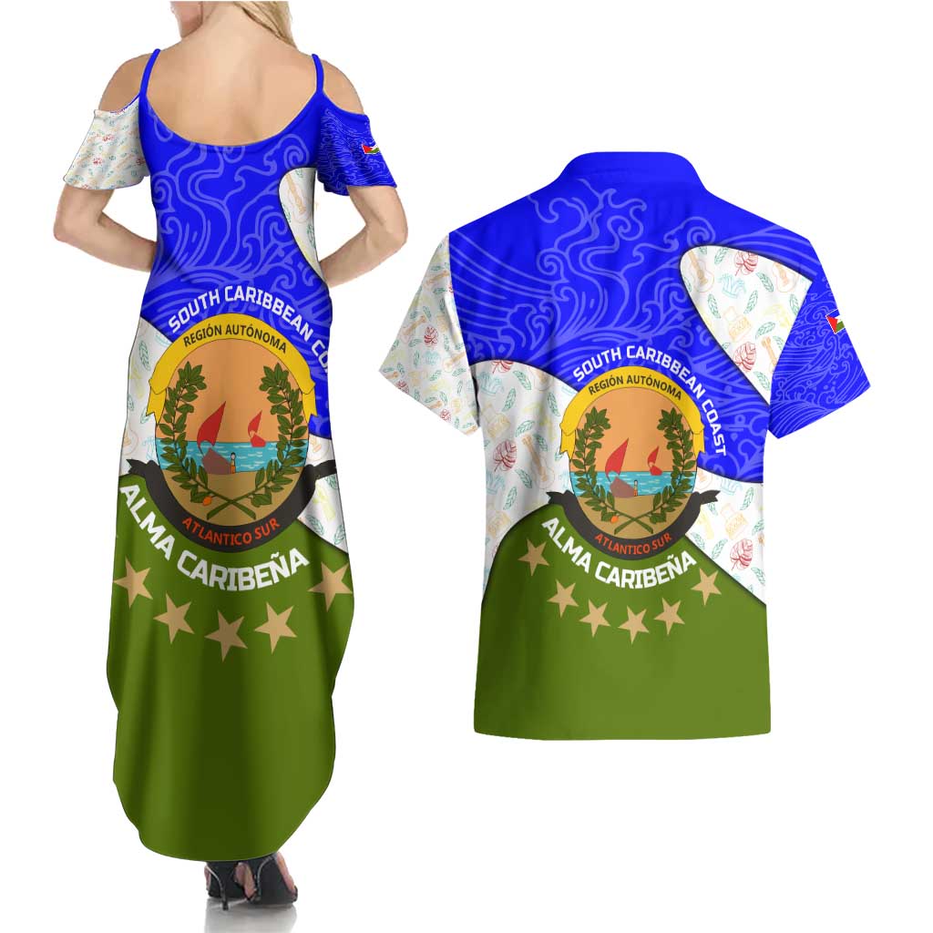 Nicaragua South Caribbean Coast Couples Matching Summer Maxi Dress and Hawaiian Shirt with Regional Seal and Ocean Shell Pattern Alma Caribeña Design - Wonder Print Shop