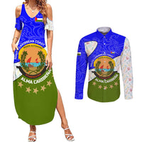 Nicaragua South Caribbean Coast Couples Matching Summer Maxi Dress and Long Sleeve Button Shirt with Regional Seal and Ocean Shell Pattern Alma Caribeña Design - Wonder Print Shop