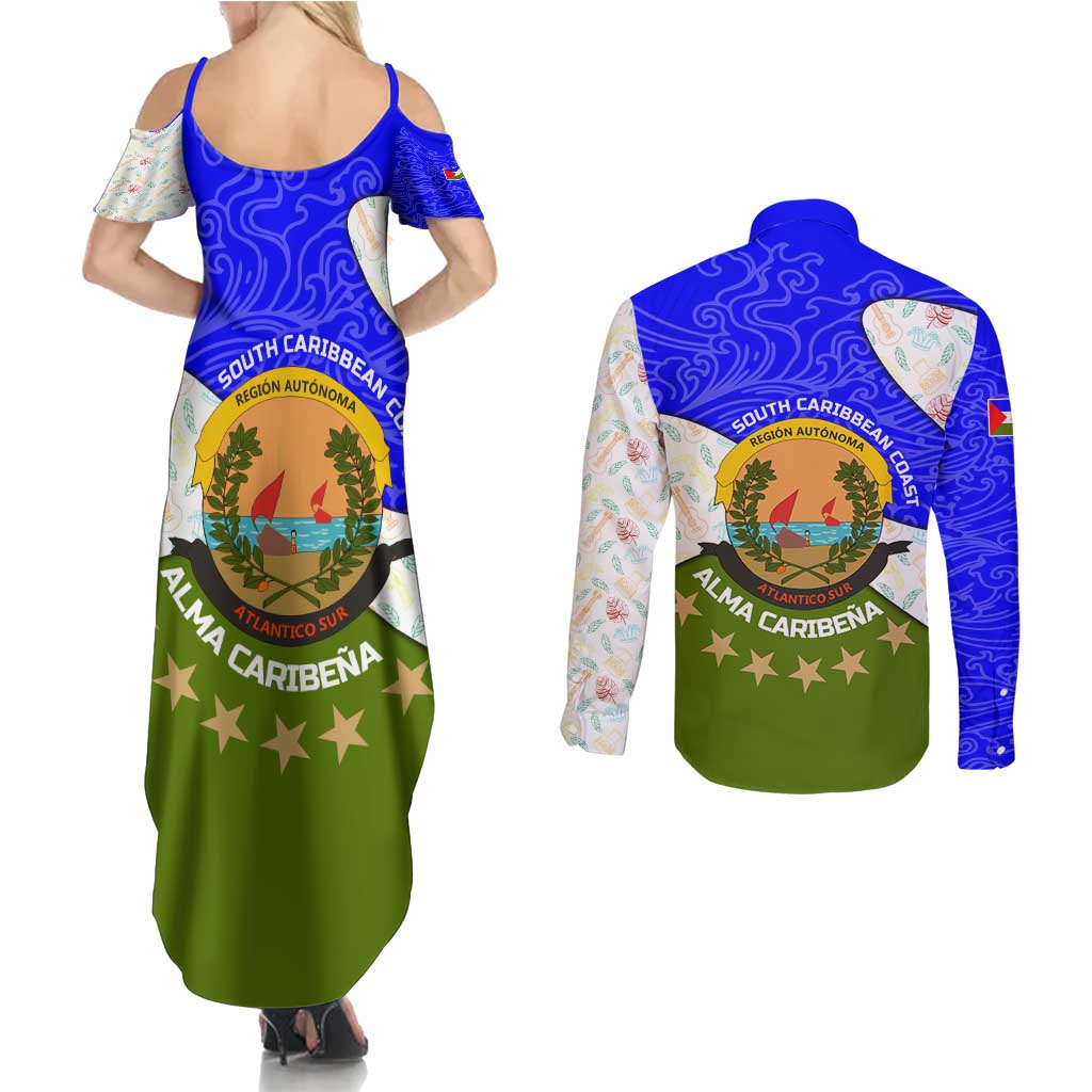 Nicaragua South Caribbean Coast Couples Matching Summer Maxi Dress and Long Sleeve Button Shirt with Regional Seal and Ocean Shell Pattern Alma Caribeña Design - Wonder Print Shop