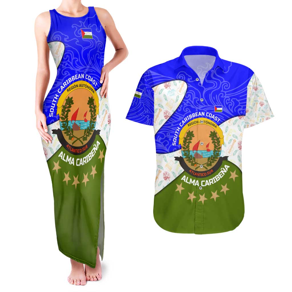 Nicaragua South Caribbean Coast Couples Matching Tank Maxi Dress and Hawaiian Shirt with Regional Seal and Ocean Shell Pattern Alma Caribeña Design - Wonder Print Shop