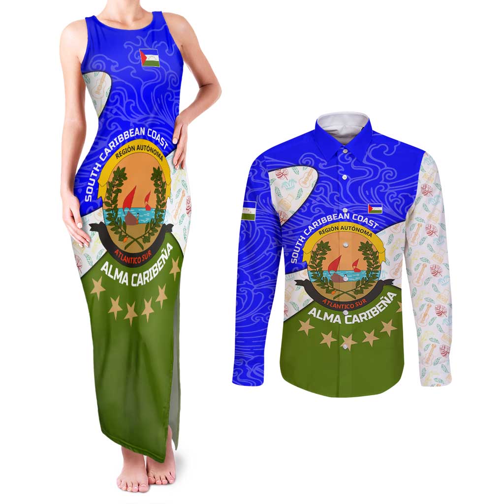 Nicaragua South Caribbean Coast Couples Matching Tank Maxi Dress and Long Sleeve Button Shirt with Regional Seal and Ocean Shell Pattern Alma Caribeña Design - Wonder Print Shop