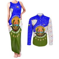 Nicaragua South Caribbean Coast Couples Matching Tank Maxi Dress and Long Sleeve Button Shirt with Regional Seal and Ocean Shell Pattern Alma Caribeña Design - Wonder Print Shop