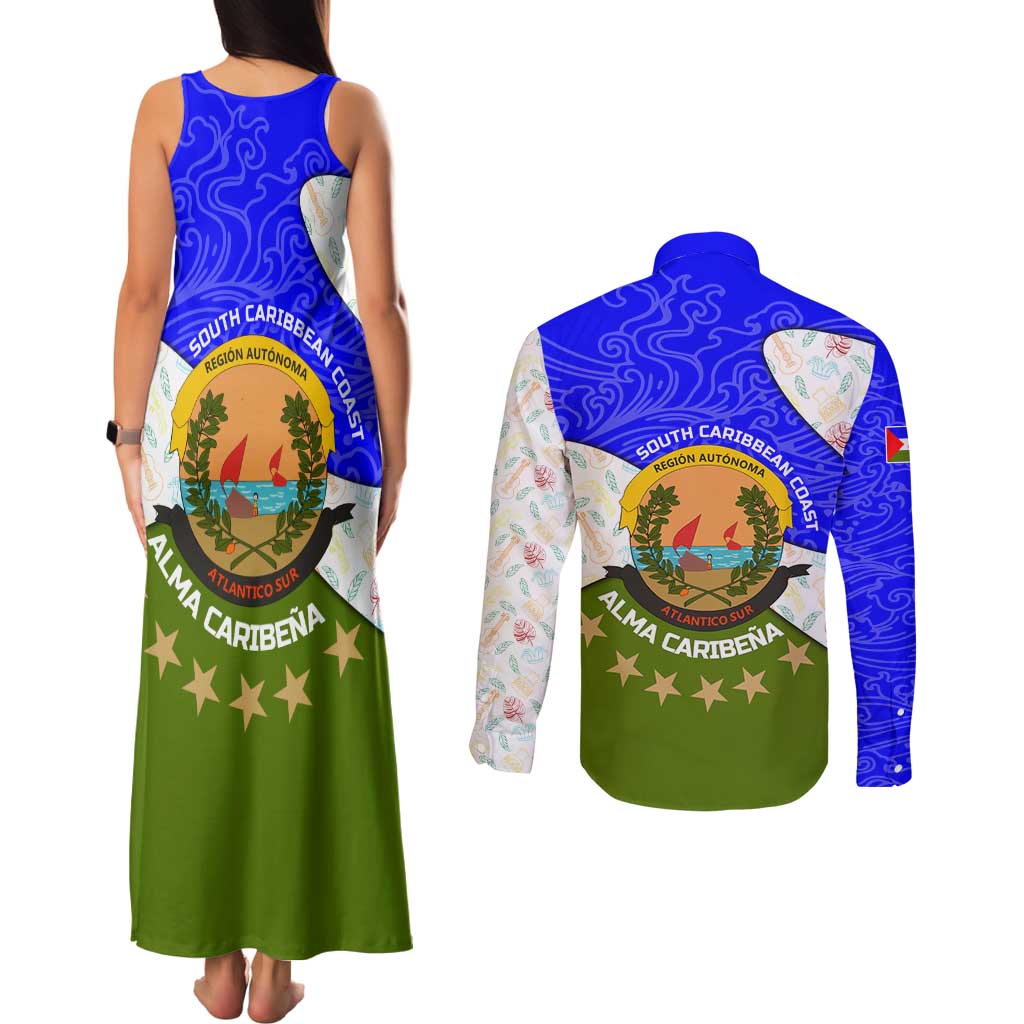 Nicaragua South Caribbean Coast Couples Matching Tank Maxi Dress and Long Sleeve Button Shirt with Regional Seal and Ocean Shell Pattern Alma Caribeña Design - Wonder Print Shop