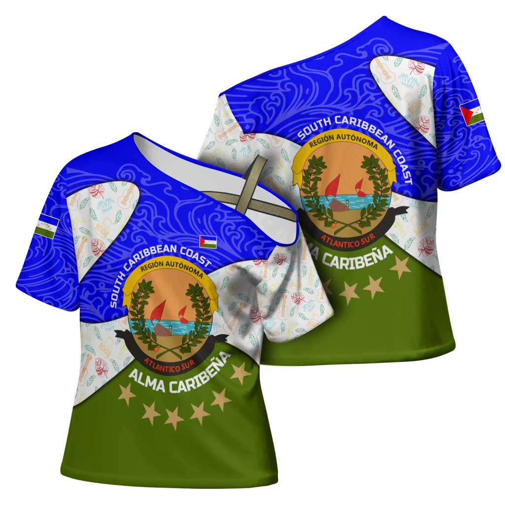Nicaragua South Caribbean Coast Cross Shoulder Shirt with Regional Seal and Ocean Shell Pattern Alma Caribeña Design - Wonder Print Shop