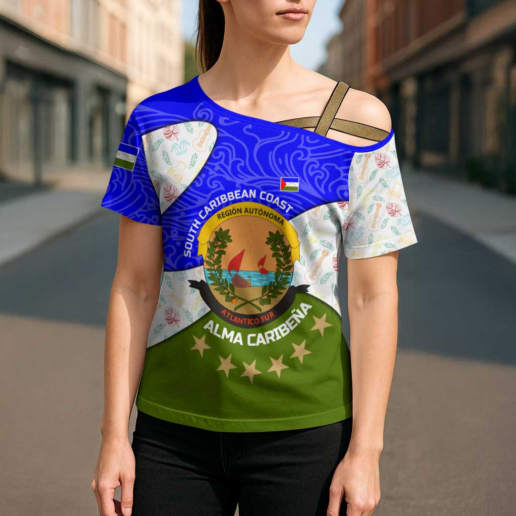 Nicaragua South Caribbean Coast Cross Shoulder Shirt with Regional Seal and Ocean Shell Pattern Alma Caribeña Design - Wonder Print Shop