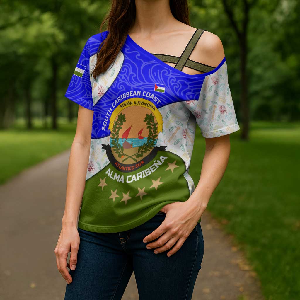 Nicaragua South Caribbean Coast Cross Shoulder Shirt with Regional Seal and Ocean Shell Pattern Alma Caribeña Design - Wonder Print Shop