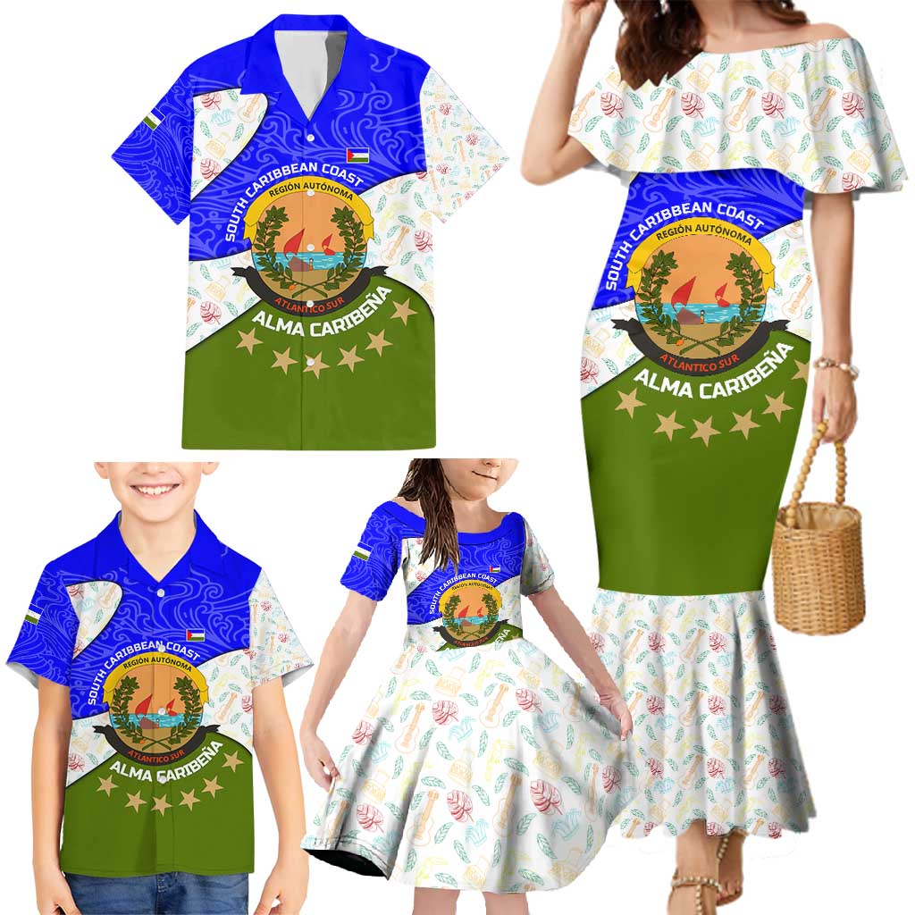 Nicaragua South Caribbean Coast Family Matching Mermaid Dress and Hawaiian Shirt with Regional Seal and Ocean Shell Pattern Alma Caribeña Design - Wonder Print Shop
