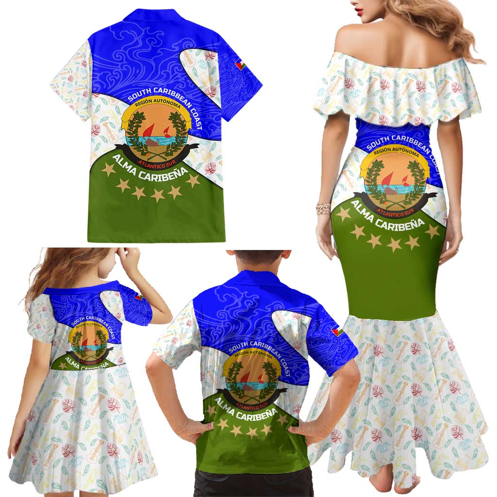 Nicaragua South Caribbean Coast Family Matching Mermaid Dress and Hawaiian Shirt with Regional Seal and Ocean Shell Pattern Alma Caribeña Design - Wonder Print Shop