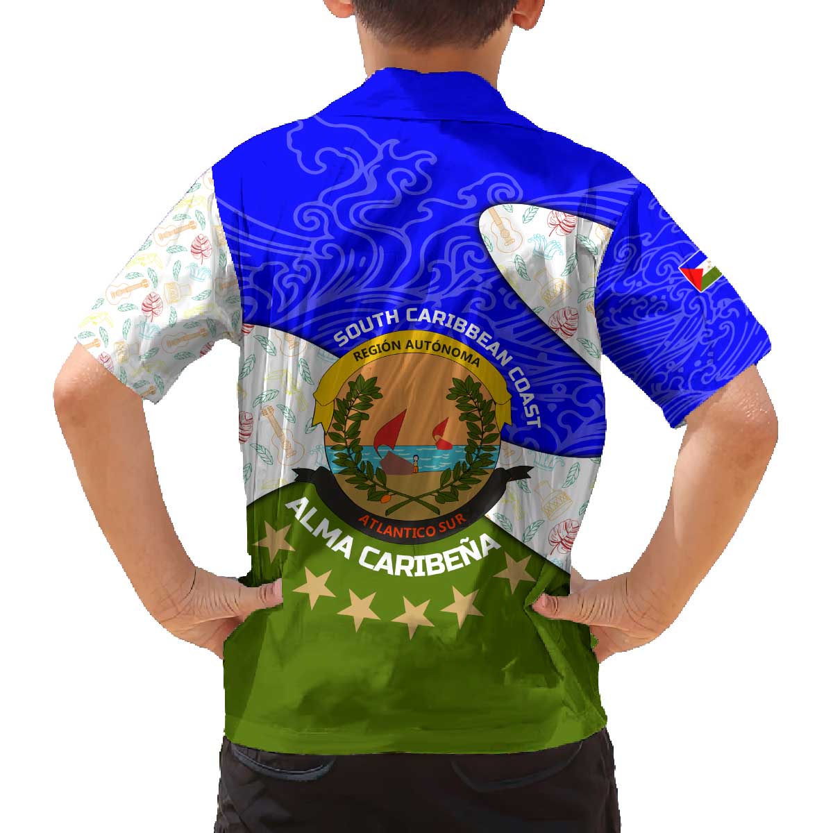 Nicaragua South Caribbean Coast Family Matching Off The Shoulder Long Sleeve Dress and Hawaiian Shirt with Regional Seal and Ocean Shell Pattern Alma Caribeña Design - Wonder Print Shop