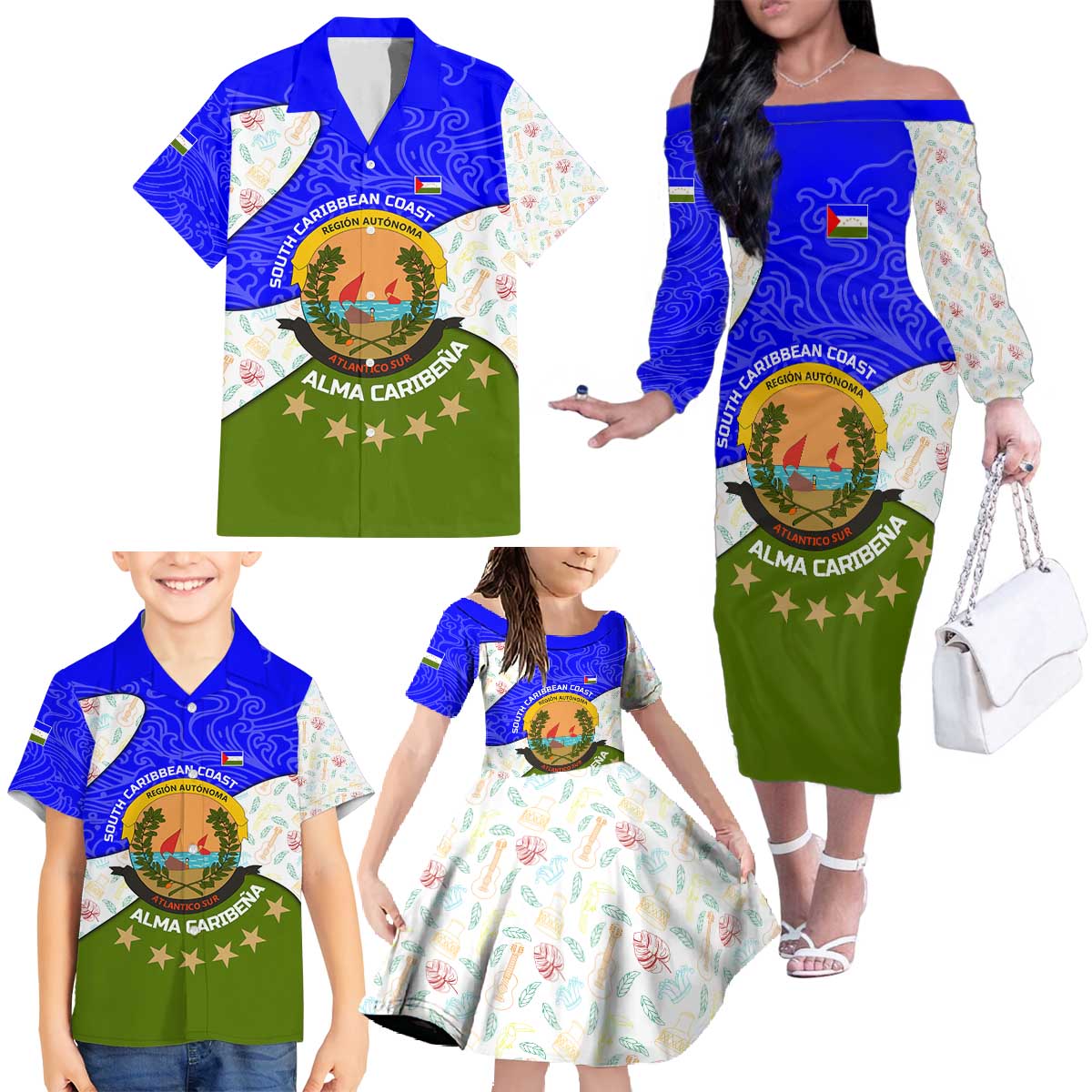 Nicaragua South Caribbean Coast Family Matching Off The Shoulder Long Sleeve Dress and Hawaiian Shirt with Regional Seal and Ocean Shell Pattern Alma Caribeña Design - Wonder Print Shop