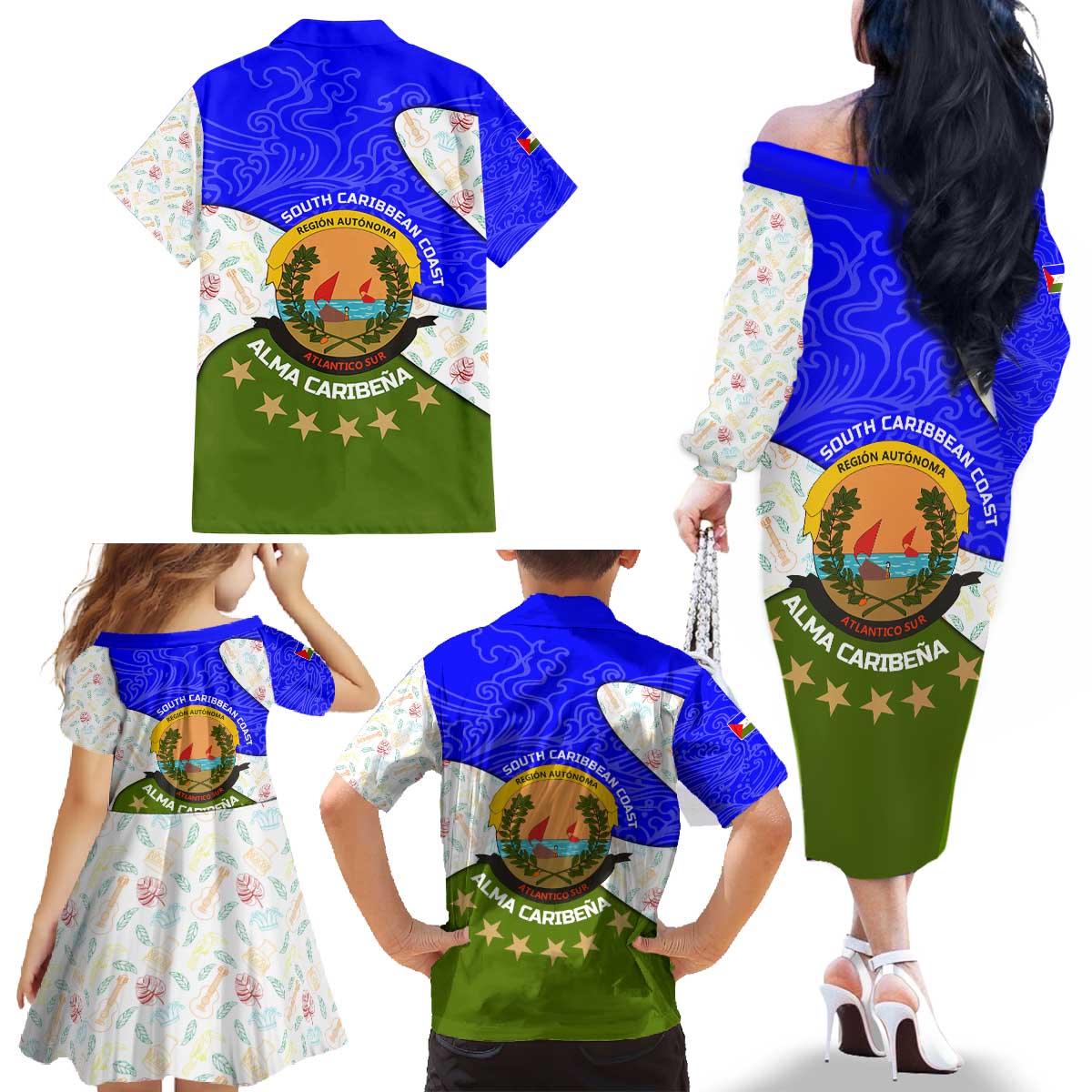 Nicaragua South Caribbean Coast Family Matching Off The Shoulder Long Sleeve Dress and Hawaiian Shirt with Regional Seal and Ocean Shell Pattern Alma Caribeña Design - Wonder Print Shop