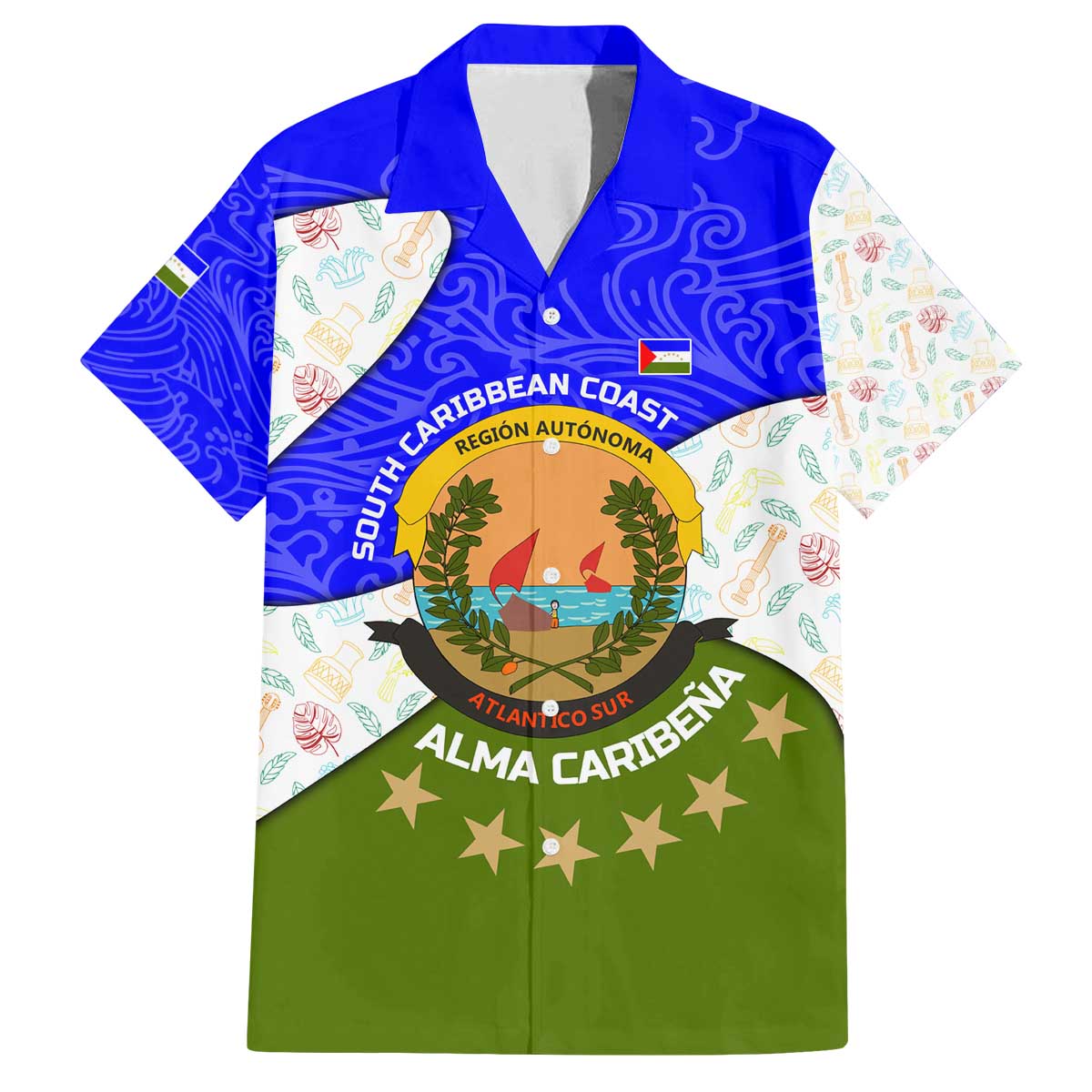 Nicaragua South Caribbean Coast Family Matching Off The Shoulder Long Sleeve Dress and Hawaiian Shirt with Regional Seal and Ocean Shell Pattern Alma Caribeña Design - Wonder Print Shop