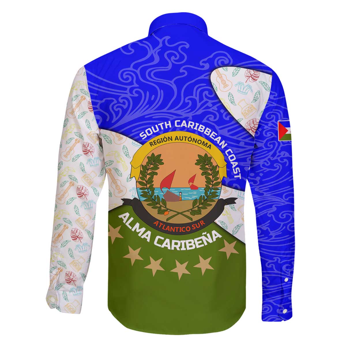 Nicaragua South Caribbean Coast Family Matching Off The Shoulder Long Sleeve Dress and Hawaiian Shirt with Regional Seal and Ocean Shell Pattern Alma Caribeña Design - Wonder Print Shop