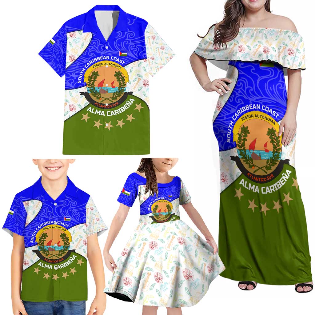Nicaragua South Caribbean Coast Family Matching Off Shoulder Maxi Dress and Hawaiian Shirt with Regional Seal and Ocean Shell Pattern Alma Caribeña Design - Wonder Print Shop