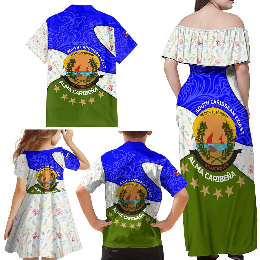 Nicaragua South Caribbean Coast Family Matching Off Shoulder Maxi Dress and Hawaiian Shirt with Regional Seal and Ocean Shell Pattern Alma Caribeña Design - Wonder Print Shop