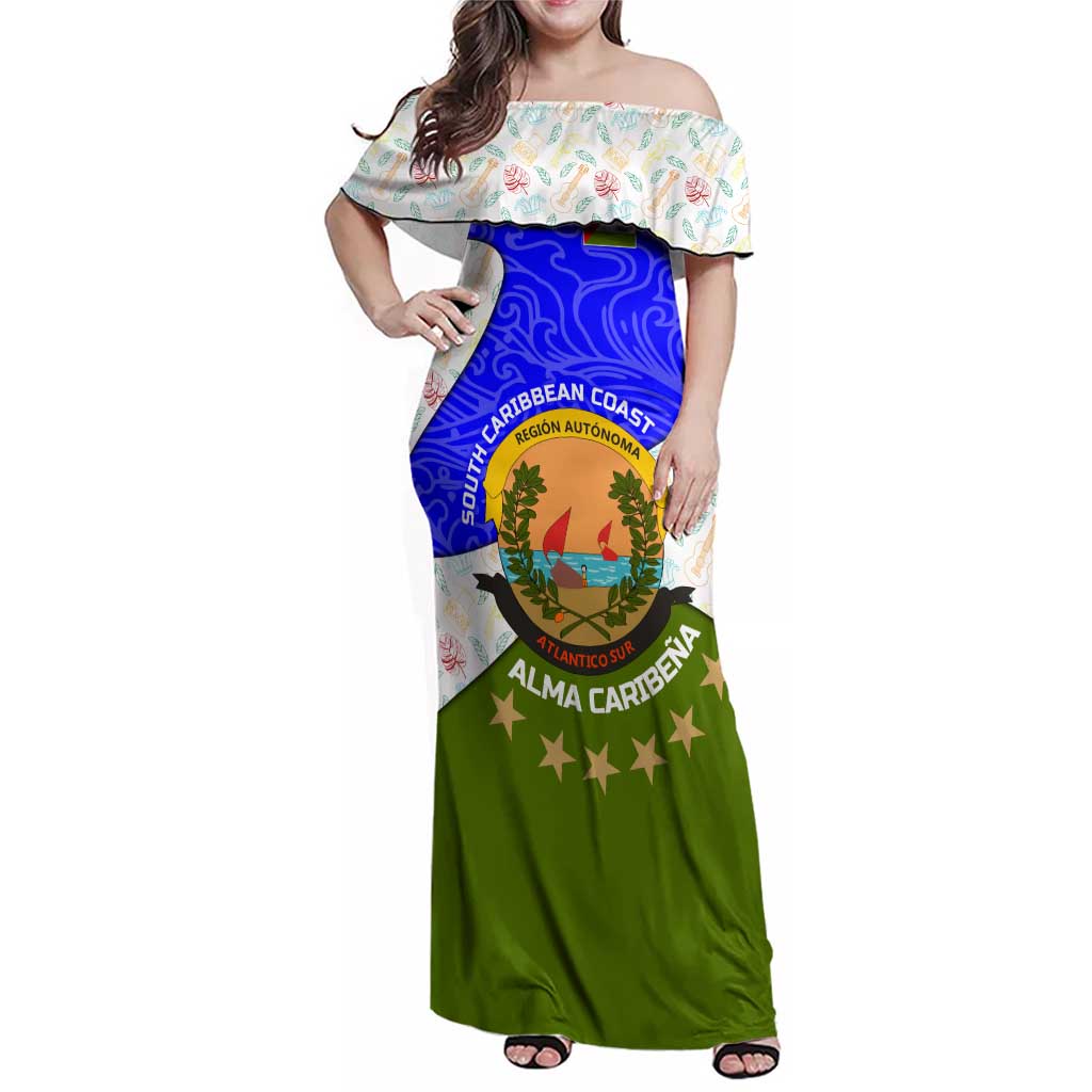 Nicaragua South Caribbean Coast Family Matching Off Shoulder Maxi Dress and Hawaiian Shirt with Regional Seal and Ocean Shell Pattern Alma Caribeña Design - Wonder Print Shop