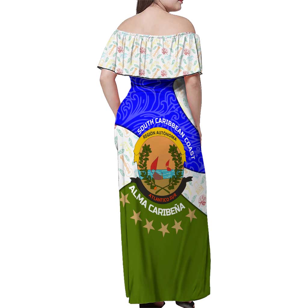 Nicaragua South Caribbean Coast Family Matching Off Shoulder Maxi Dress and Hawaiian Shirt with Regional Seal and Ocean Shell Pattern Alma Caribeña Design - Wonder Print Shop