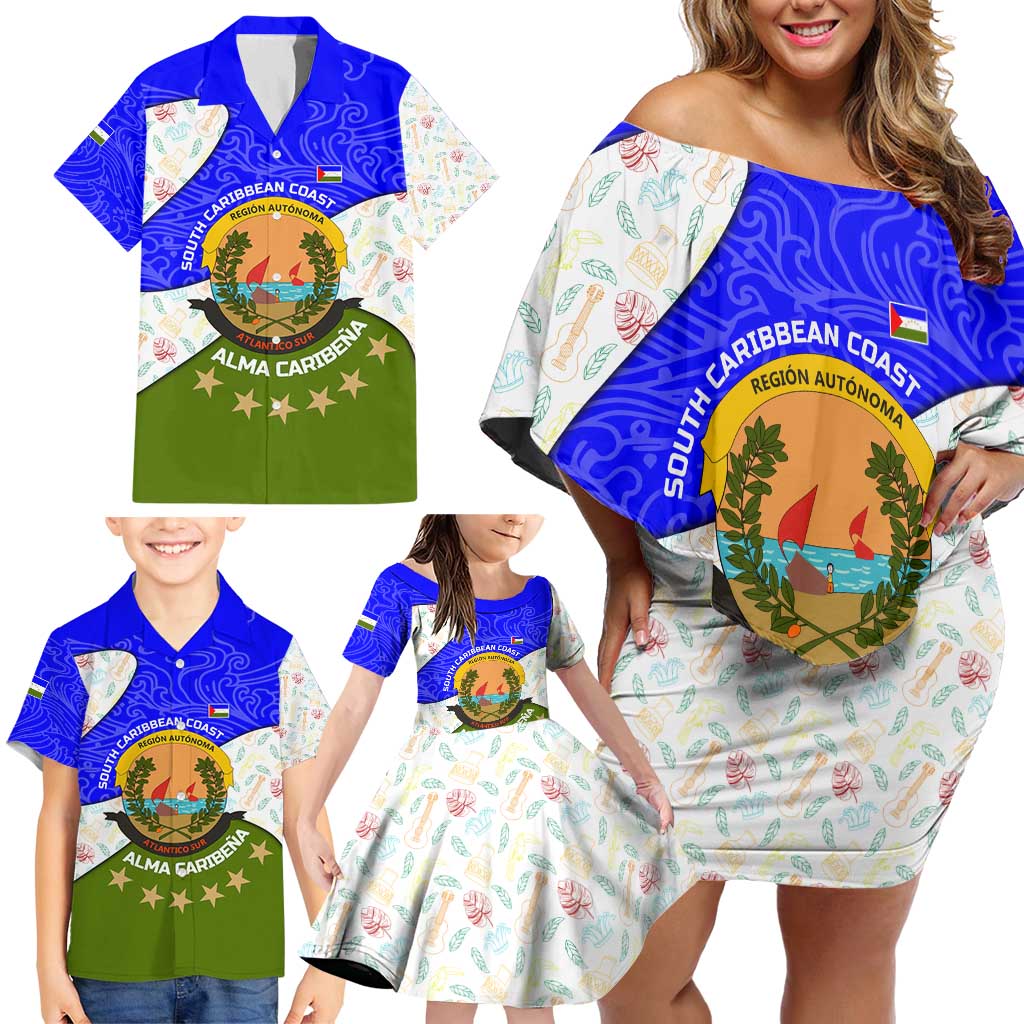 Nicaragua South Caribbean Coast Family Matching Off Shoulder Short Dress and Hawaiian Shirt with Regional Seal and Ocean Shell Pattern Alma Caribeña Design - Wonder Print Shop